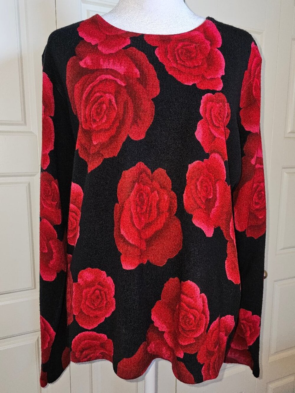 VINTAGE 90s/Y2K Cathy Daniels Red Rose Faux Cashmere Knit Sweater